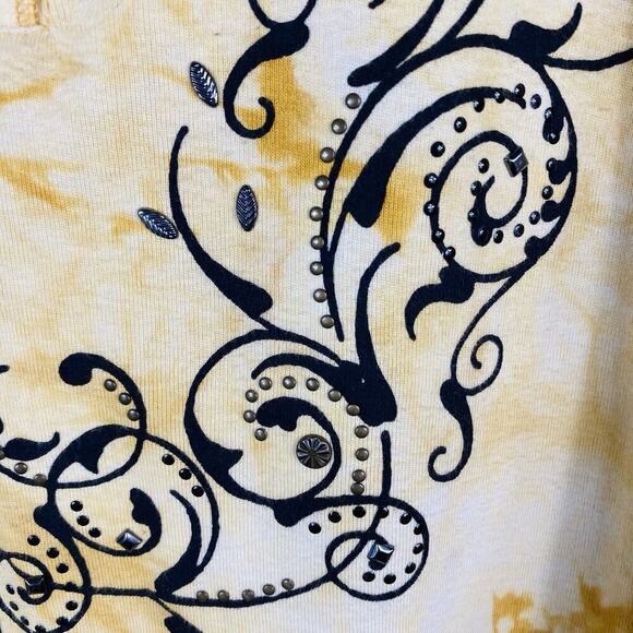 Dressbarn Size 3X Tie Dye Printed Embellished 3/4 Sleeve Henley Top Yellow - Picture 4 of 6